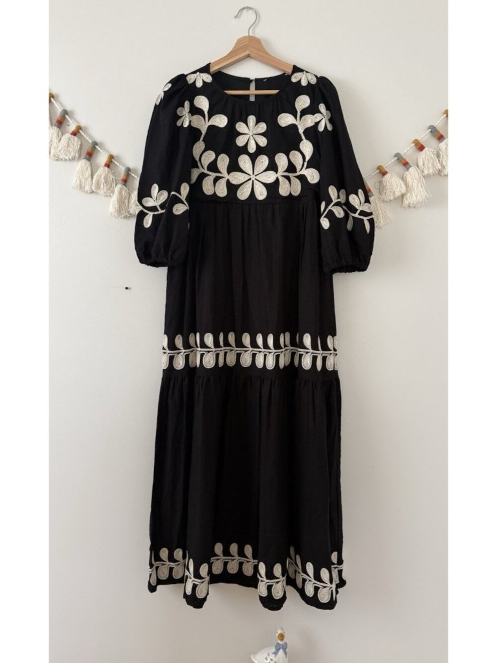 Caroline Constas Floral Embroidered Puff Sleeve Linen Blend Tiered Midi Dress 2